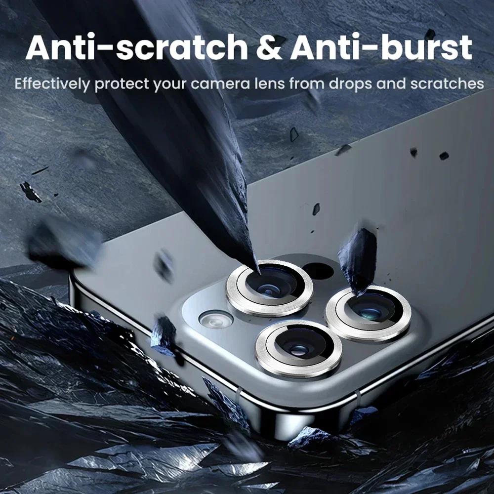 แหวนโลหะป้องกันเลนส์กล้อง 3 ชิ้น สำหรับ iPhone 17 Pro/iPhone 15 16 ProMax พร้อมฟิล์มกระจกนิรภัย ฝาครอบเลนส์กล้องแบบแยกชิ้น