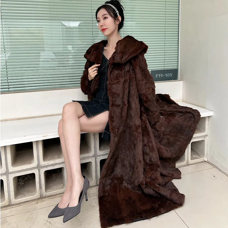 2024 Winter Women Real Rabbit Fur Coats Natural Whole Skin Rabbit Fur Long Jackets Overcoat Luxury Winter