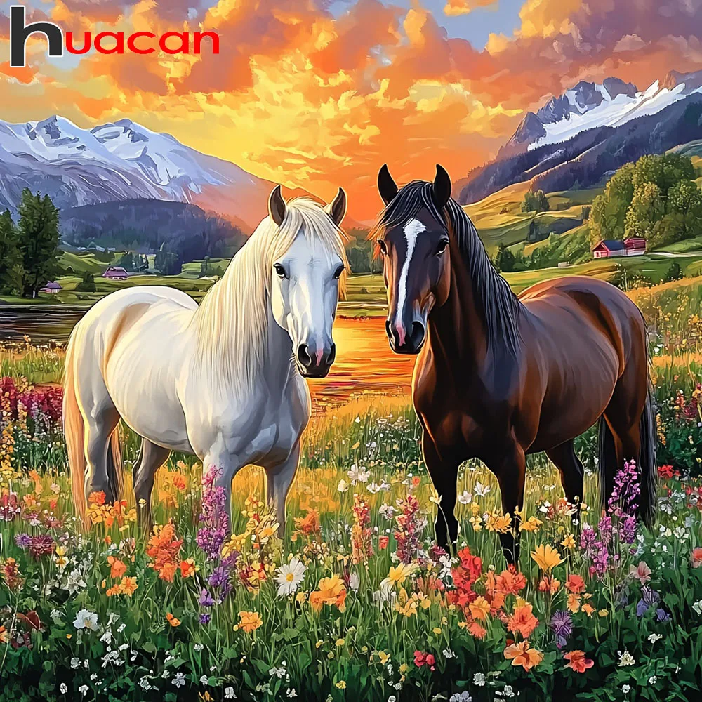 Huacan Pferde-Diamantmalerei 5D DIY Grasland-Blumen-Landschaft Vollquadratische Runde Diamant-Stickerei Strass-Bilder