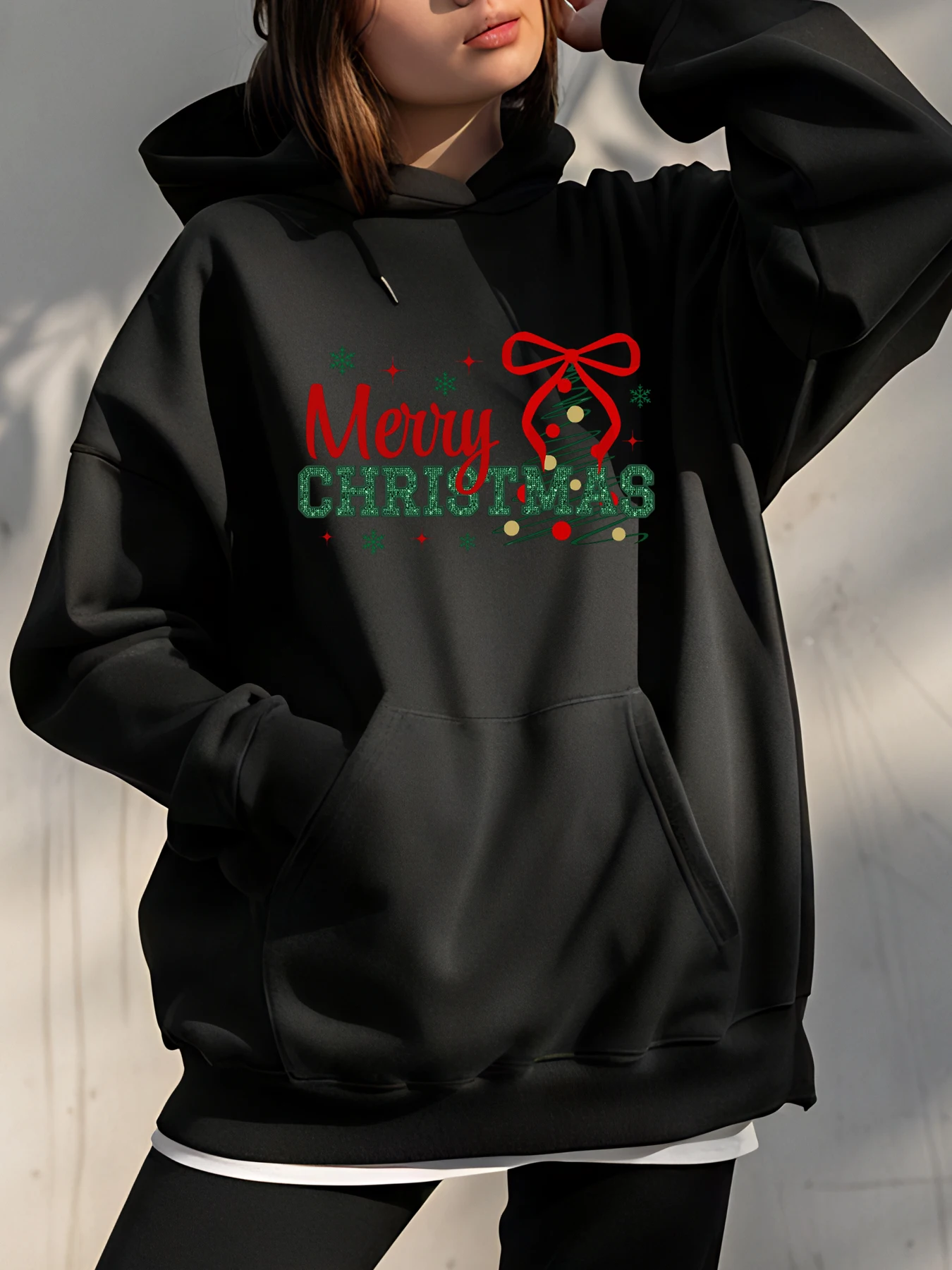 Sudadera con capucha con estampado navideño para mujer, ropa de calle de estilo informal con lazo rojo y diseño brillante, traje de invierno