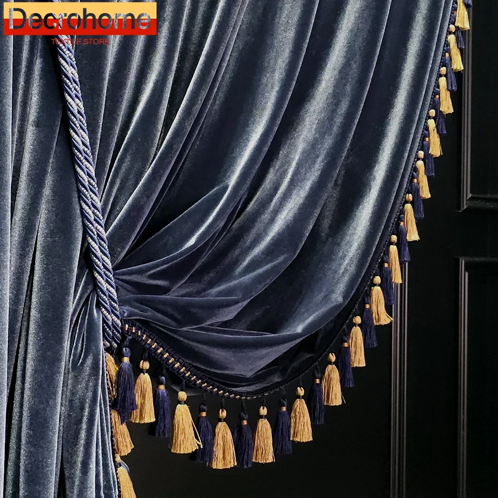 

High-grade Grey and Blue Vintage Velvet Blackout Soundproof Curtains for Living Room Bedroom Villa Dining Room Finished Product