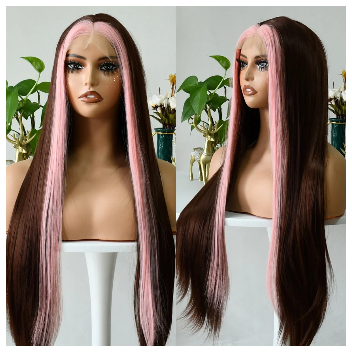 

Highlight Ombre Brown Pink Wig 13x4 Lace Front Wig 180 Density HD Lace Wigs For Women Synthetic Lace Frontal Wig Daily Cosplay