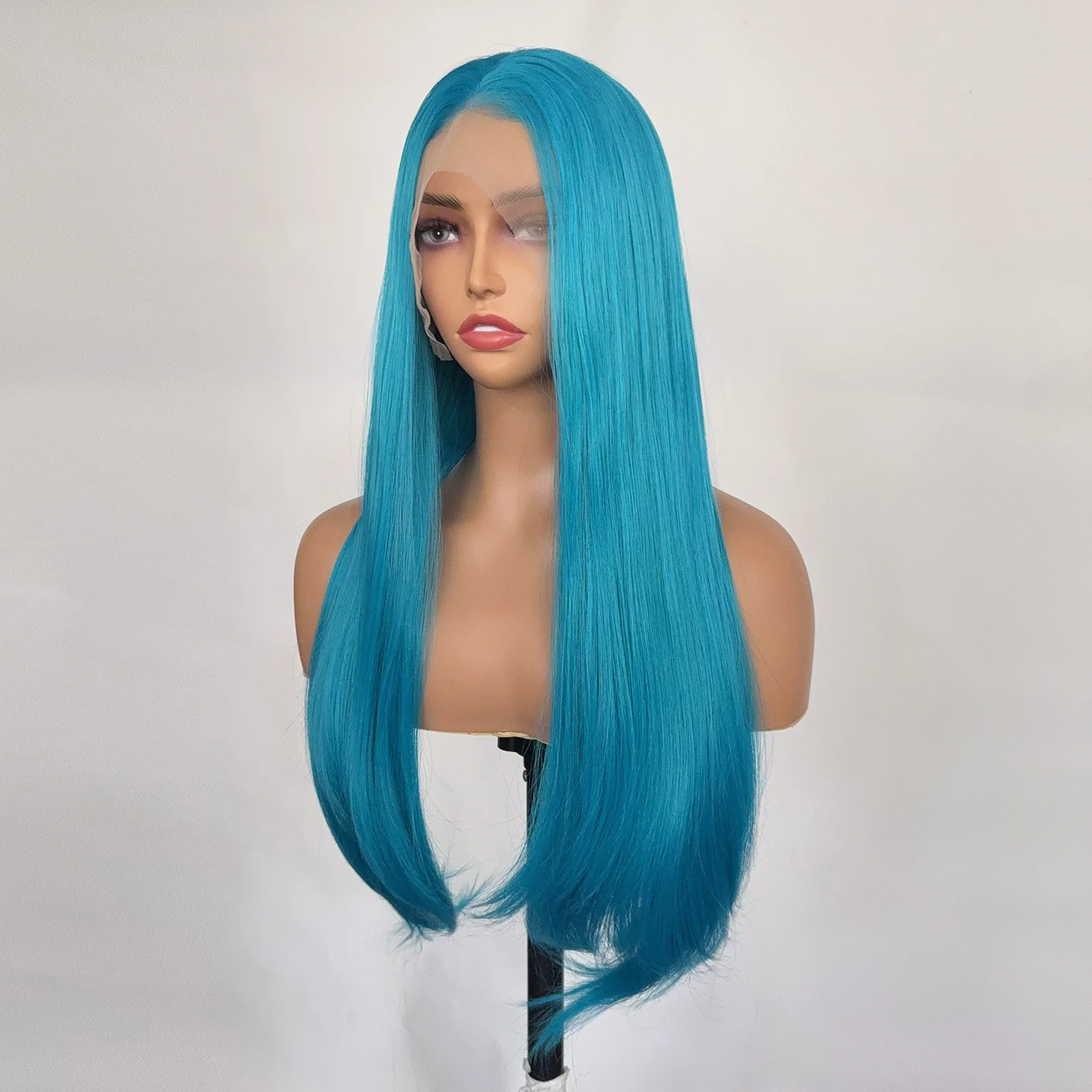 باروكة دانتيل زرقاء طويلة مستقيمة باروكات أمامية من الدانتيل للنساء 13 × 4 شعر صناعي جزء مجاني للاستخدام اليومي خط شعر طبيعي للحفلات التنكرية #3