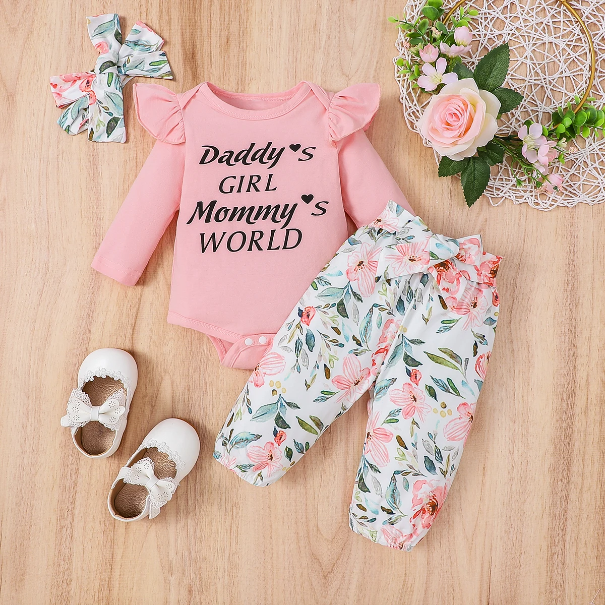 

Newborn Clothing Baby Girl Long Sleeved Triangular Romper Suit Hair Band Pants 3Pcs Set 0-2Y