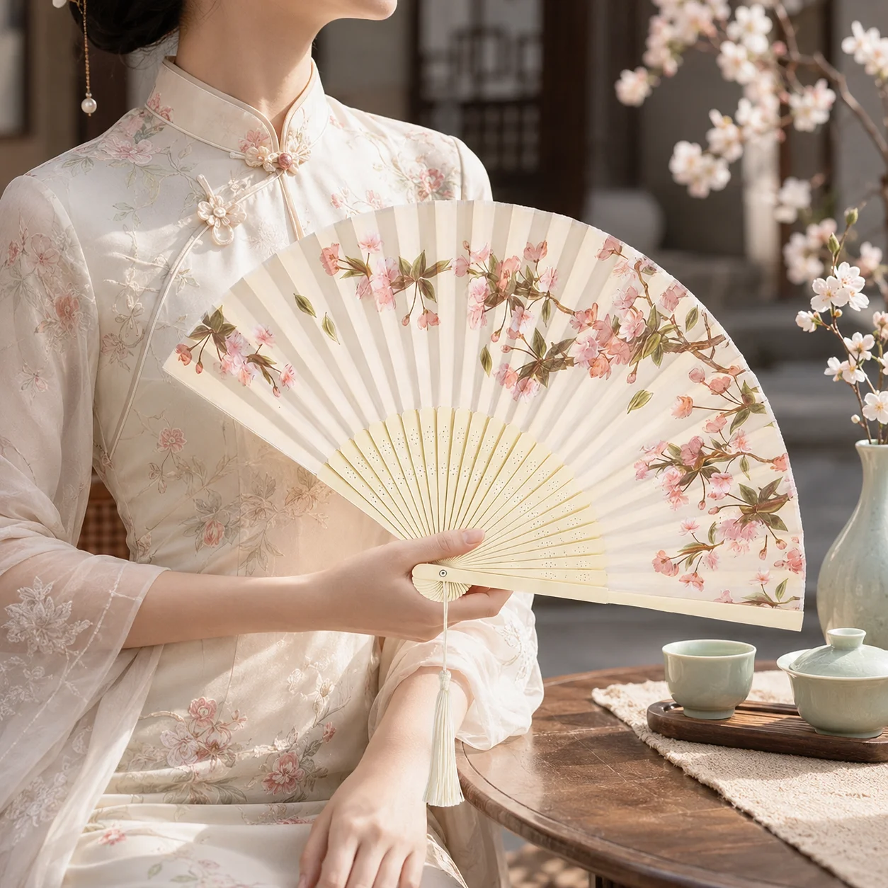 Éventail pliant à imprimé floral et oiseaux d'été, style chinois rétro, avec pompon, en bambou, pour la danse, la décoration et l'artisanat, faux éventails