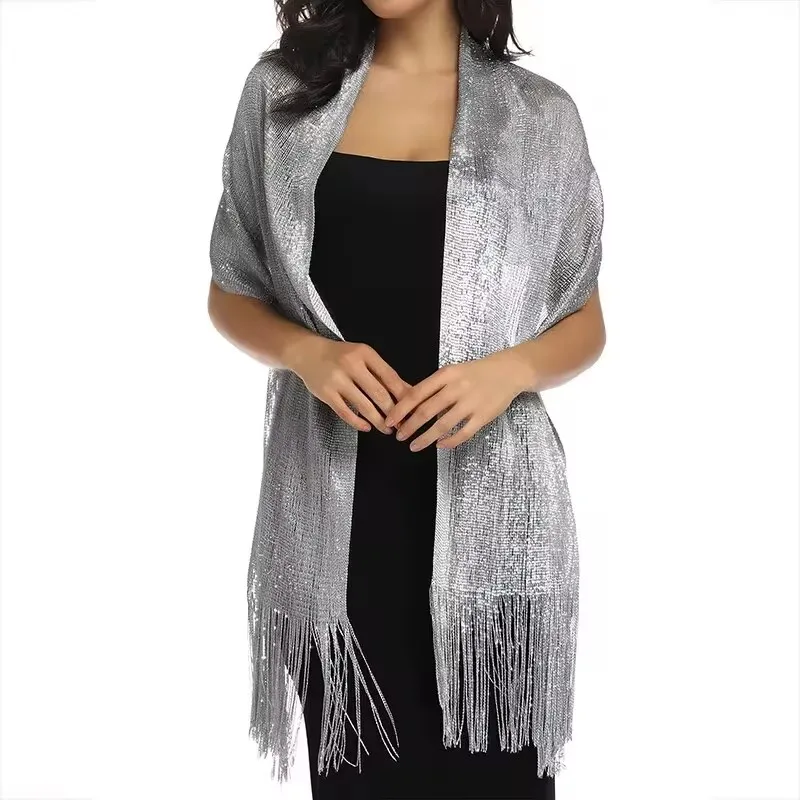 Gold Thread Tassel Scarf With Buttons Shawl For Women Luxury Glitter Silver Scarves Ladies\' Fashionable Simple Party Shawls