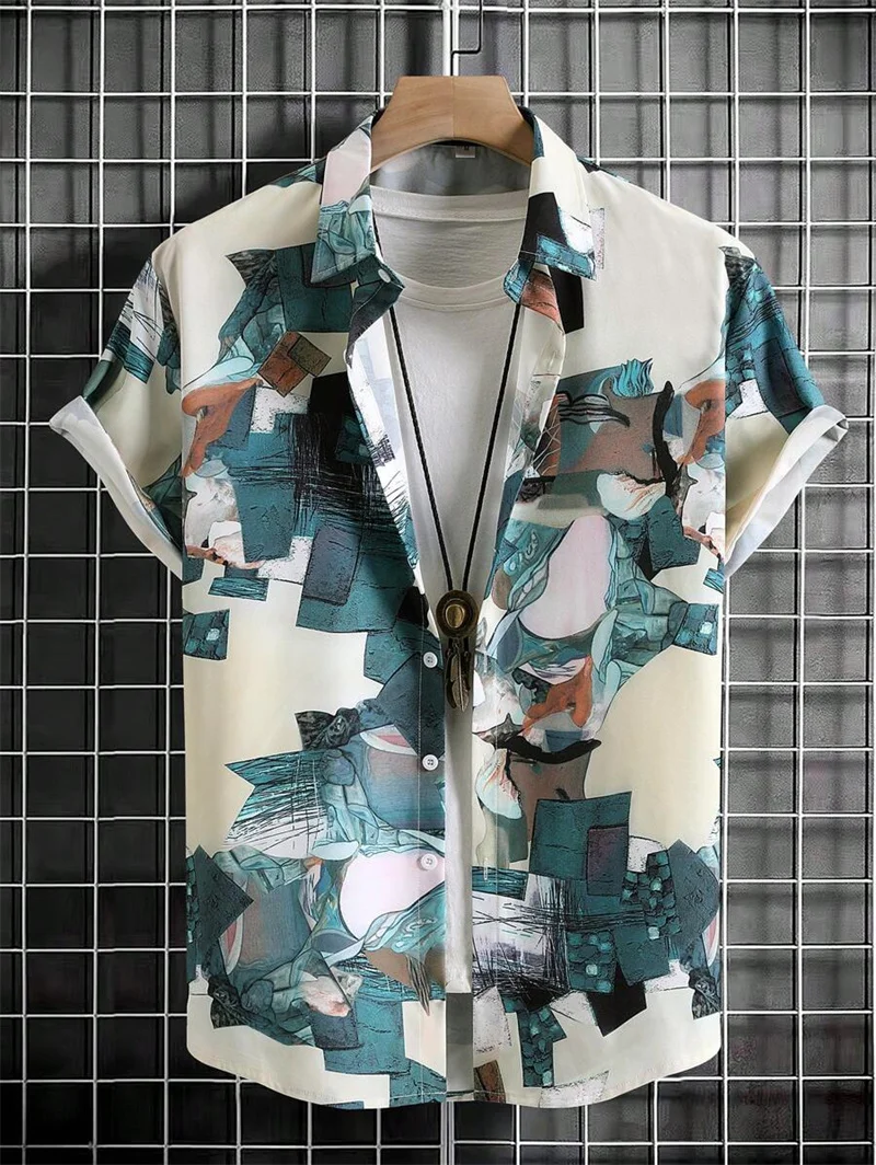 Creative printing men\'s spring and summer fashion simple short-sleeved button-down casual lapel simple shirt, fashionable and ve