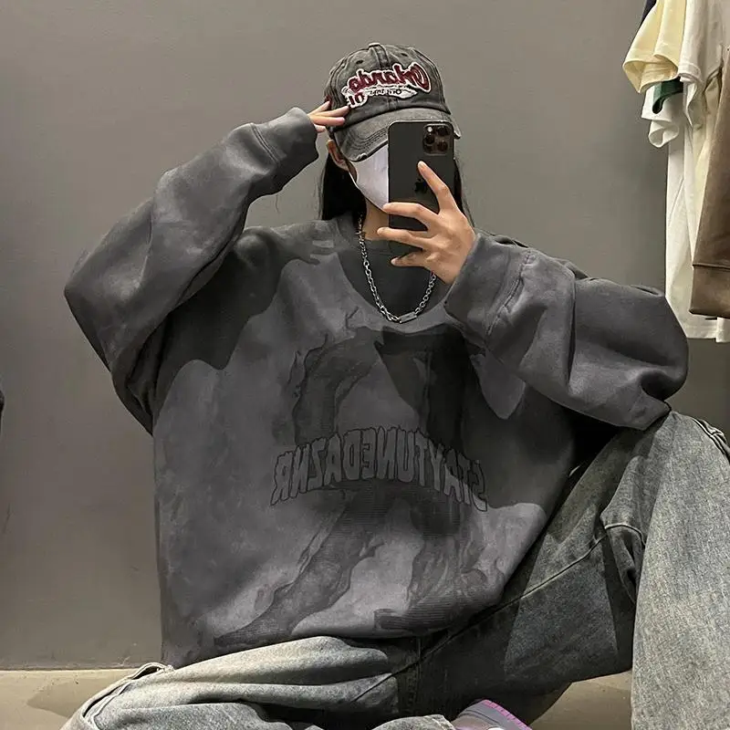 New high end popular suede sweatshirt men round neck autumn American retro vintage fashion brand teen couple tops Harajuku Y2K