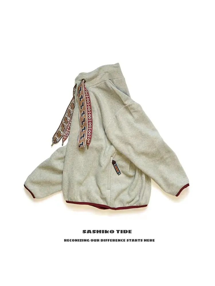Kapital High Neck Fleece Sweatshirt Jacket Casual Loose Fit Cotton Youth Trend Autumn Season Zipper Pocket Embroidery Design