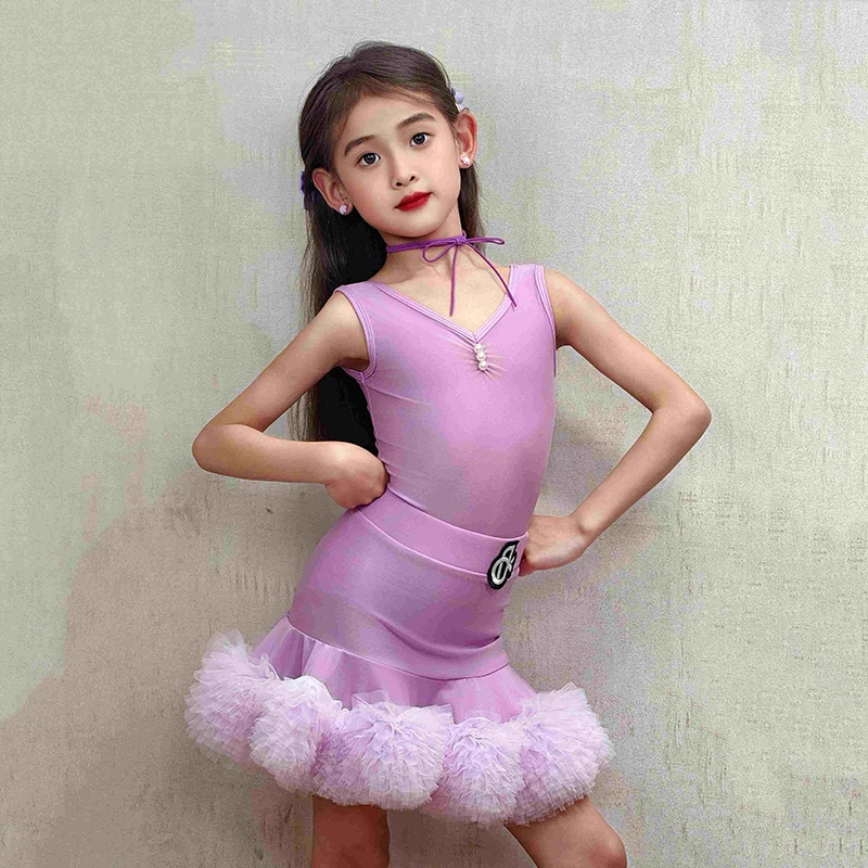 2025 Latin Danskostuum Voor Kinderen Prestaties Kleding Meisjes Tango Salsa Podiumoutfits Paars Mouwloze Oefenset XH 2910