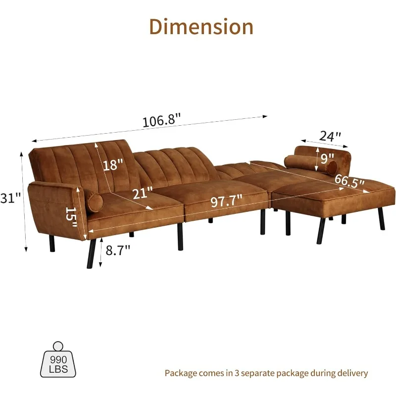 Velvet Sectional Convertible Sofa with Chaise, 106.5