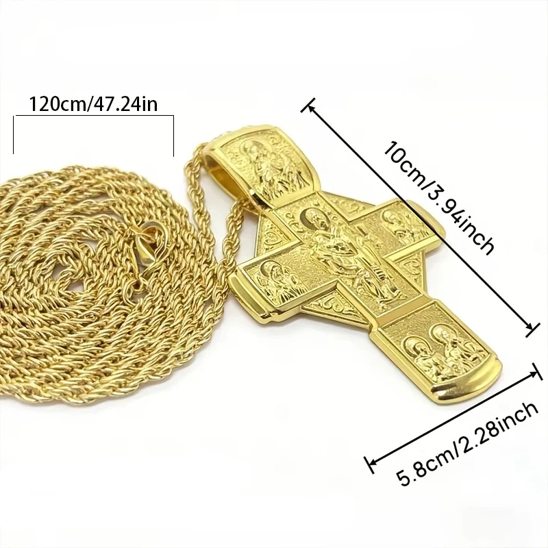 Luxury Orthodox Byzantine Icon Panel Cross Pendant Necklace With Chain Zinc Alloy Gold Tone Religious Gift for Men and Women