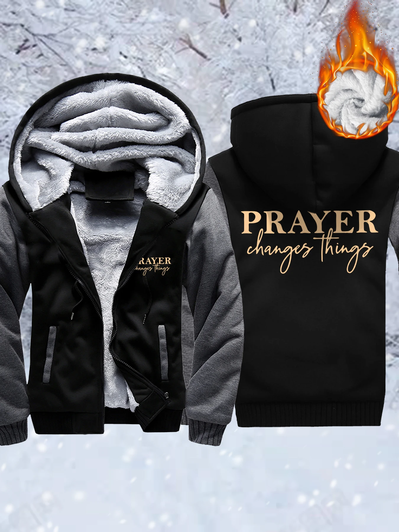 

Prayer Change Things Prints Winter Mens Coat Thick Heavyweight Streetwear Soft Warm Jacket Fleece Outdoor Hoodie Fashion Tops