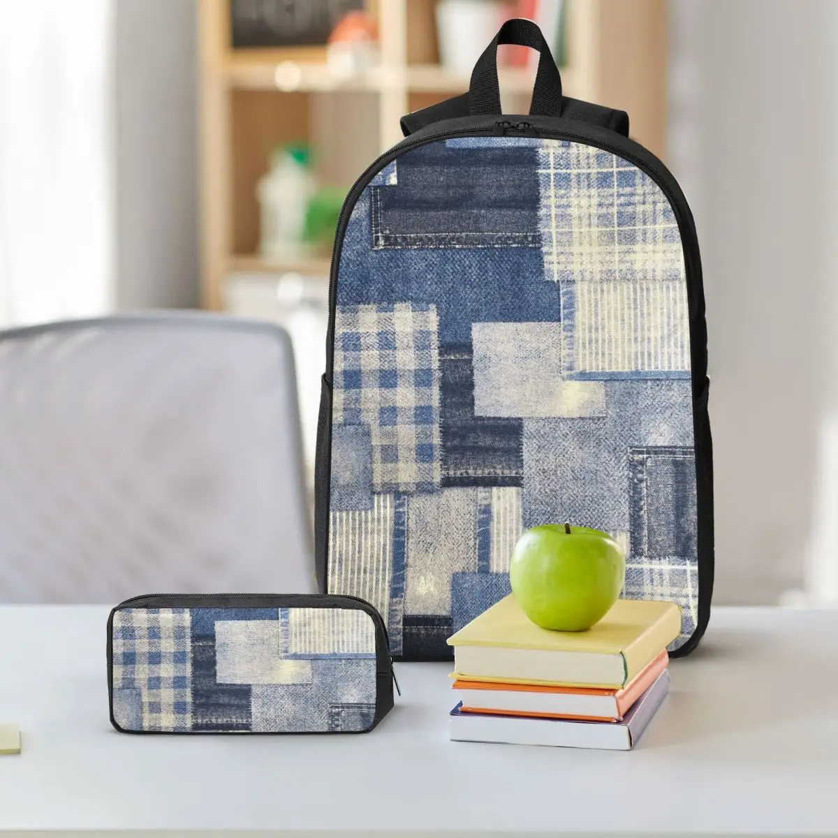 Faux Denim Patchwork Print Backpack Student BookBag School Bag Shoulder Bags 3ps Insulated Lunch Bag Pencil Case