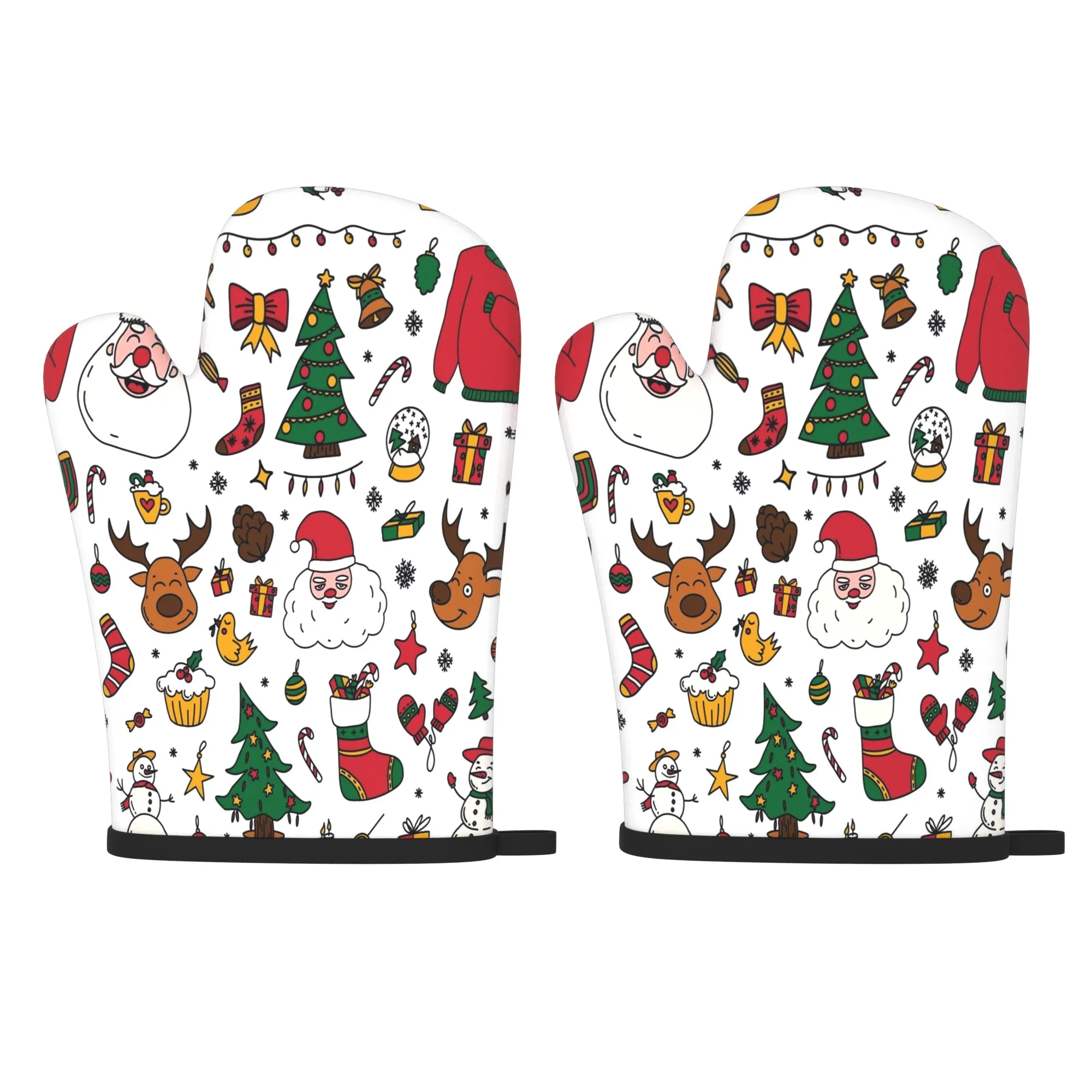 2pcs Christmas Oven Mitts Red Green Heat-Resistant Kitchen Gloves with Santa Reindeer Snowmen Candy Canes Durable