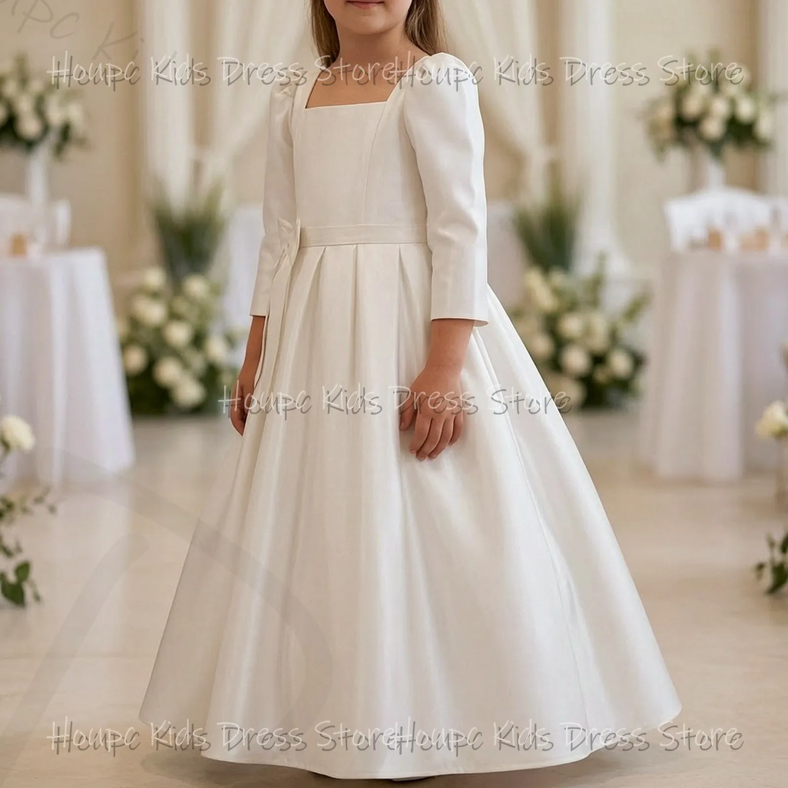 Wedding Custom Flower Girl Dresses Satin Square Neck Puffed Sleeve Floor-Length Bow Back Wedding Birthday Party Evening Party