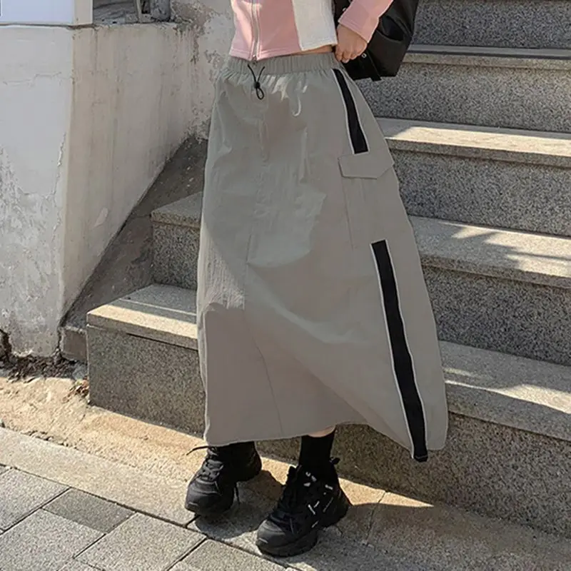 Saia longa de cintura alta Harajuku feminina, saias de carga, bolsos combinando cores, streetwear vintage, Y2K, verão