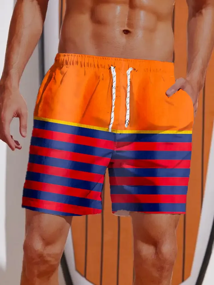 

Summer 2025 3D Printed Striped Flame Printed Shorts, Men's Board Shorts, Swimming Shorts, Drawstring Breathable Short Hawaiian S