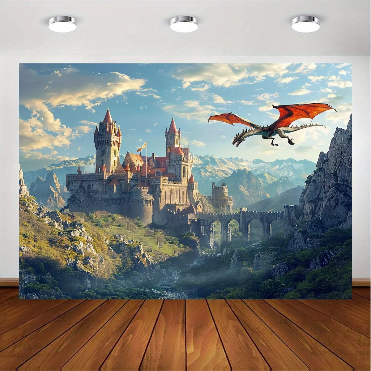 Magische Burg und Drachen Szene Hintergrund Tuch-Fotografie Hintergrund, geeignet für Partys, Hochzeiten und Veranstaltungen