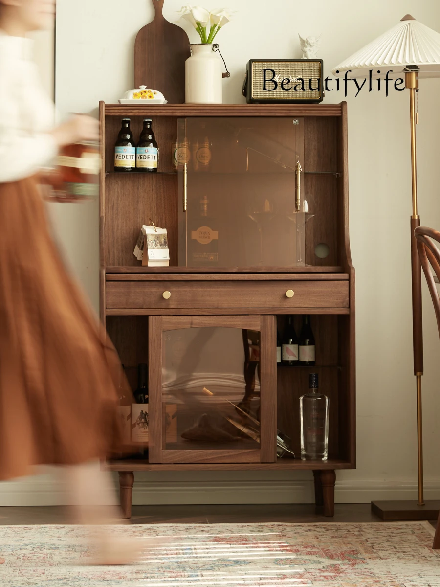 

Simple Retro Sideboard Cabinet Integrated Wall Black Walnut Solid Wood Living Room Cabinet Retro Locker