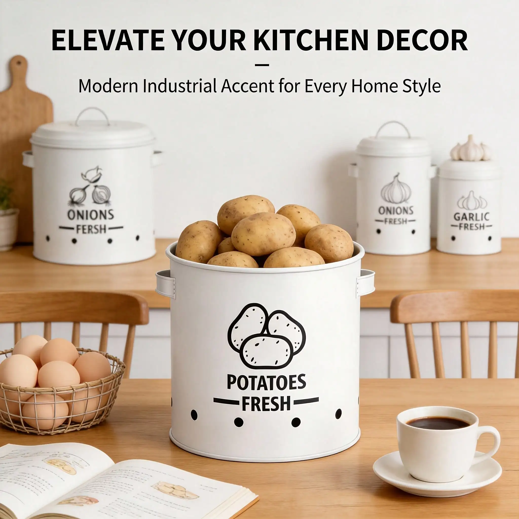 Potato Onion Garlic Storage Bin Set Farmhouse Rustic Black Metal 3-Piece Vegetable Storage Containers With Lids Aeration Holes Prevents Sprouting For Kitchen Counter Pantry Organizer Housewarming Gift Christmas Decor view 3