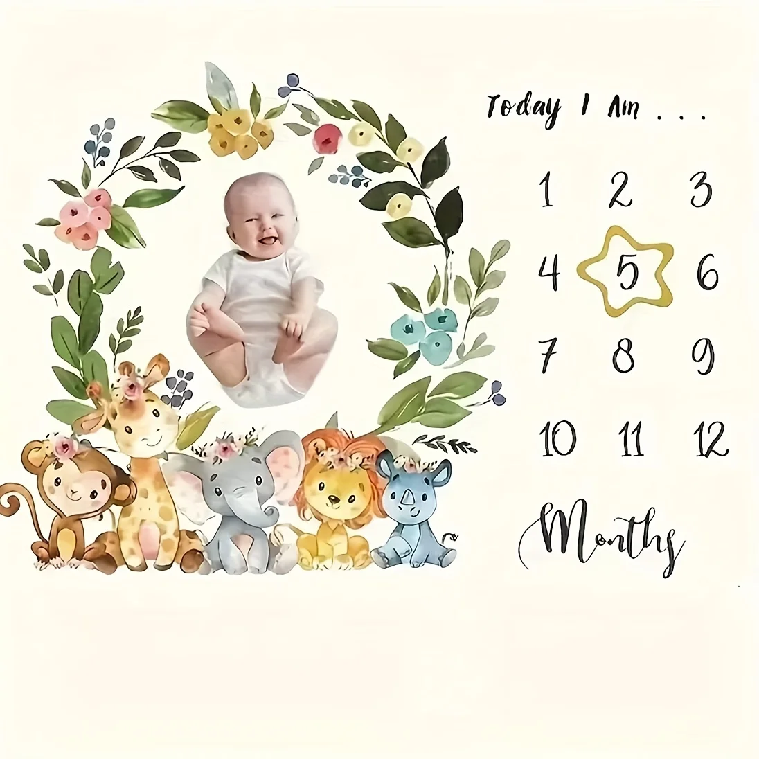 VIKAMA Animal Floral Print Photography Backdrop, Baby Memorial Backdrop, Newborn Full Moon, Growth Calendar, Milestone Photos