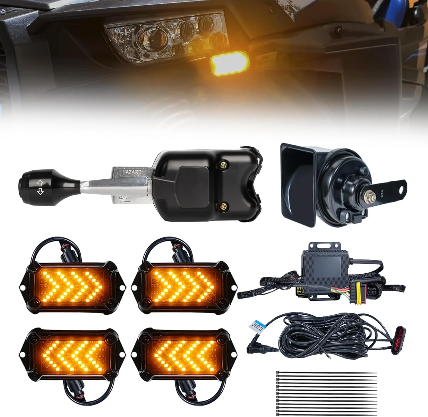 UTV Turn Signal Kit with 110dB Horn, Pre-Wired, Plug and Play UTV ATV Blinker Lever Column Switch Street Legal Aluminum Housing
