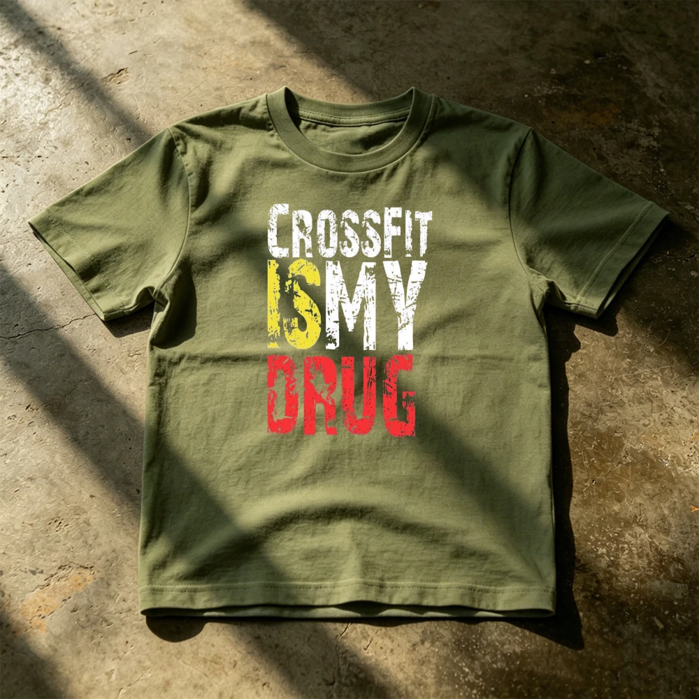CrossFit Is My Drug Distressed Letter Graphic Tees Fitness Shirt Summer Casual Tops for Male Gym Workout Hobby Daily Wear Gift
