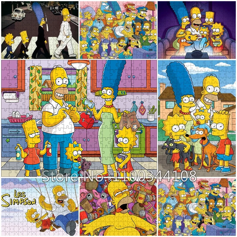 Disney The Simpsons Jigsaw Puzzle, Brinquedos dos desenhos animados infantis, Jogos de lazer familiar, coleção artesanal, 300 pcs, 500 pcs, 1000 pcs