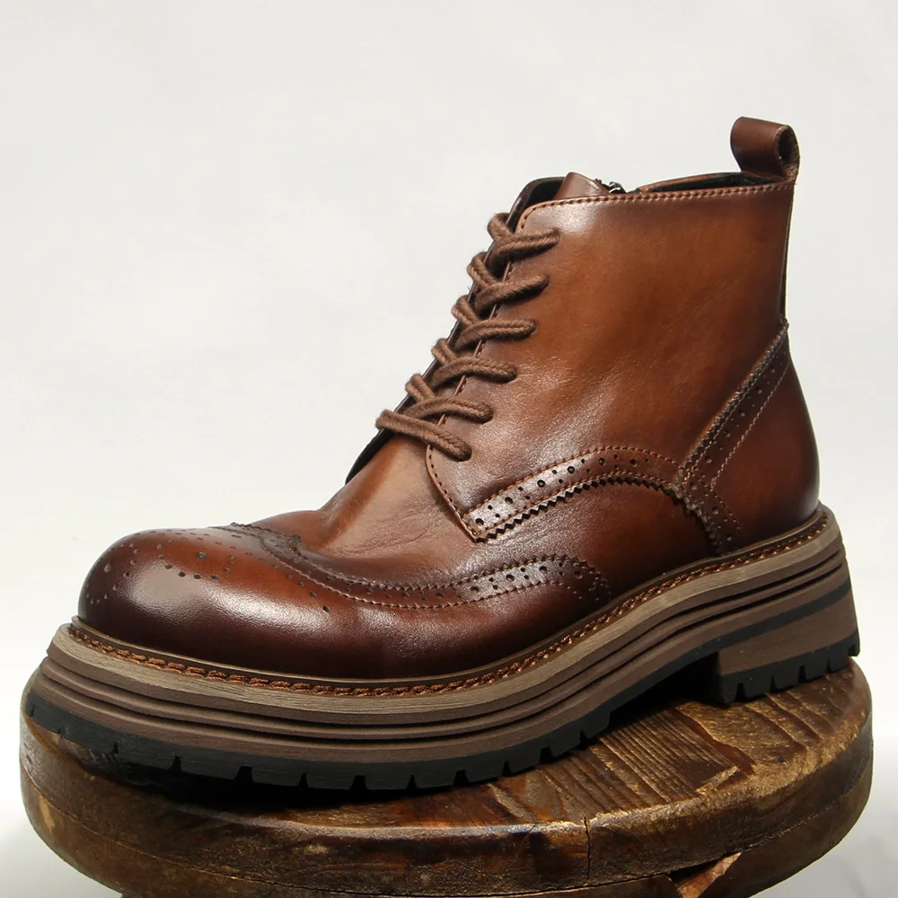 YETTIES Men's Vintage Brogue High-Top Boots | Distressed Leather Chunky Sole Platform Combat Work Footwear Ankle Boots