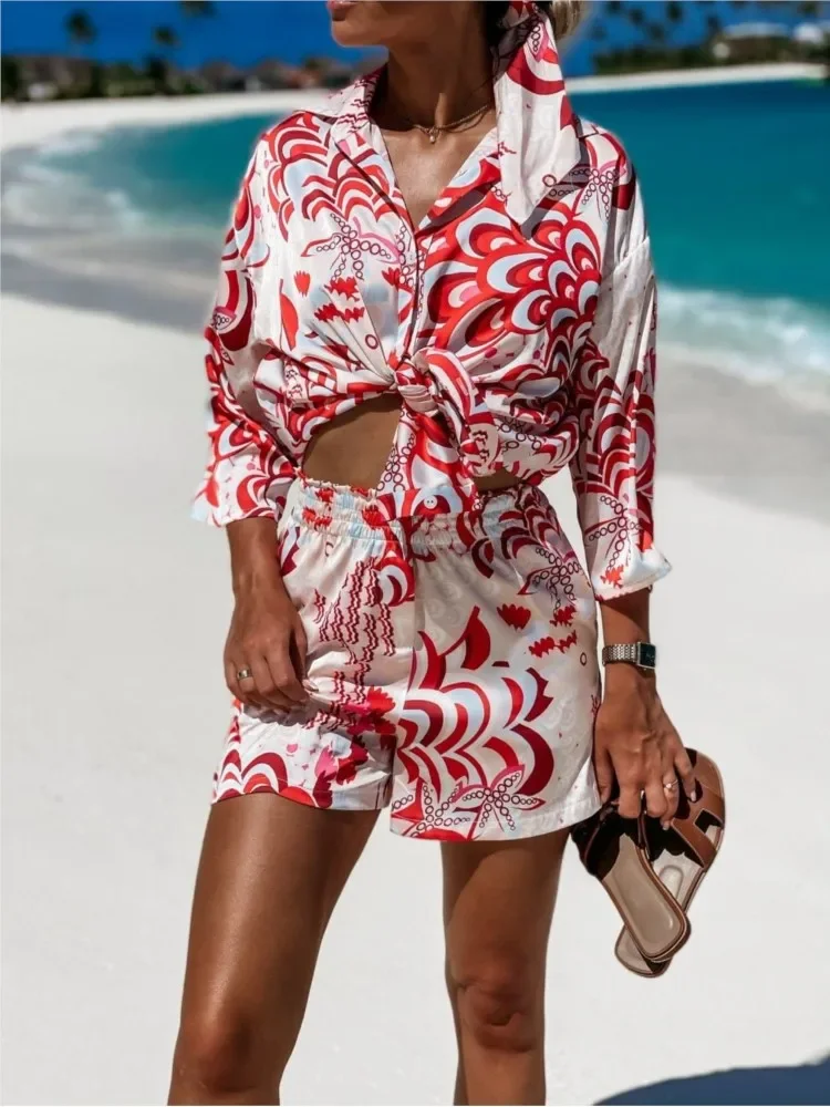 

Women's Shirt Sets Fashion Print Summer Long Sleeve Shirt + Shorts 2 Pieces Set Lady Vintage Holiday Beach Casual Outfits