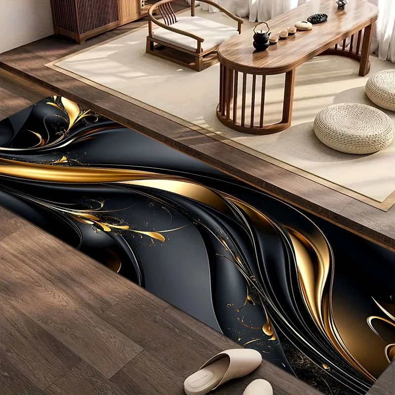 2DJIT1pcs Corridor  Mat Black Golden Gradient Abstract Fluid Printing Matened Wear-resistant Cute Aesthetic Items Home Decor R