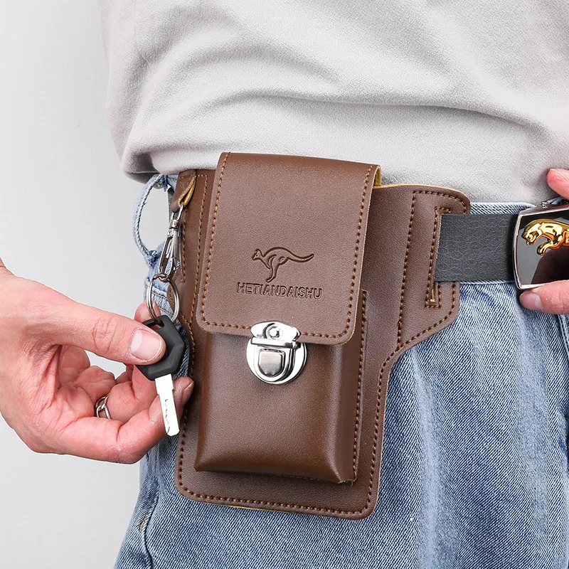 Men Belt Cellphone Loop Holster Case Waist Bag Male PU Leather Purse Phone Wallet Vintage Belt Mobile Phone Protective Sheath view 3