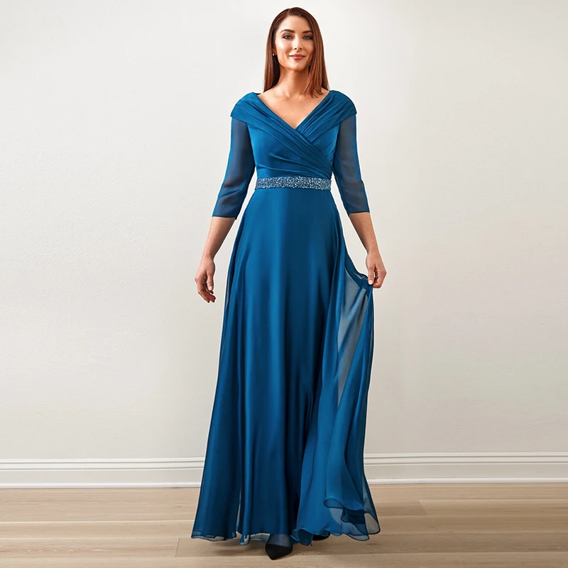 

Teal Blue Mother of the Bride Dresses A-Line 3/4 Long Sleeves V-Neck Beaded Chiffon Full-Length Chiffon Formal Evening Prom Gown