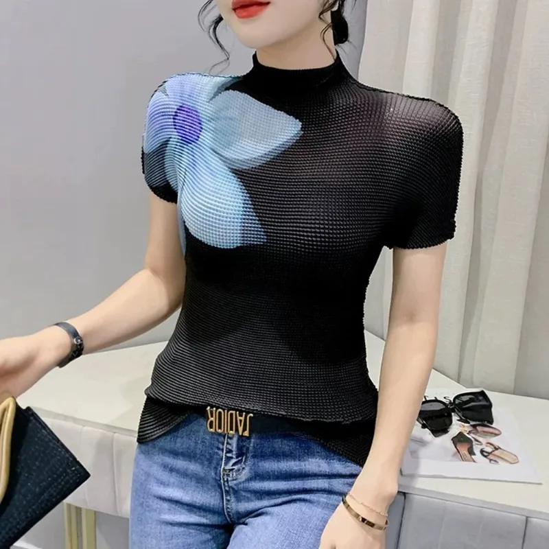 Pleated T-Shirt New Summer Corn Grain Short Sleeve Casual Fashion Slim Elegant Women's Stretch Lightweight Printed Top