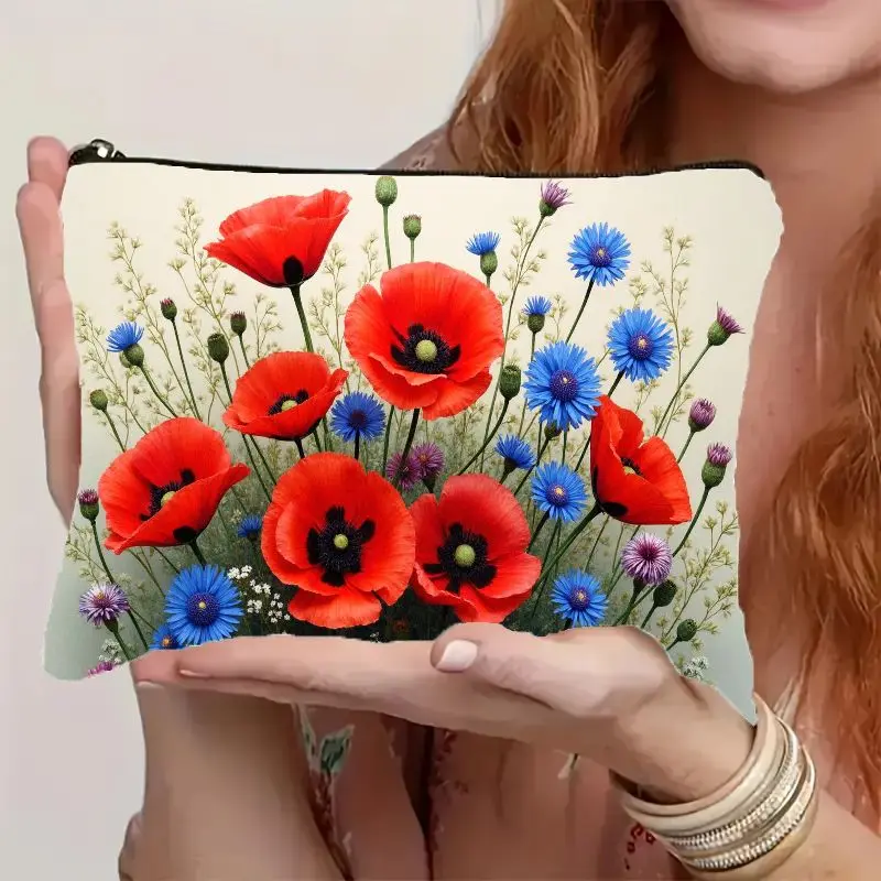 1PC Colorful Cosmetic Pouch Featuring Poppy Purple Pansies Prints Zipper Lightweight Makeup Bag for Women Beauty Case Coin Purse