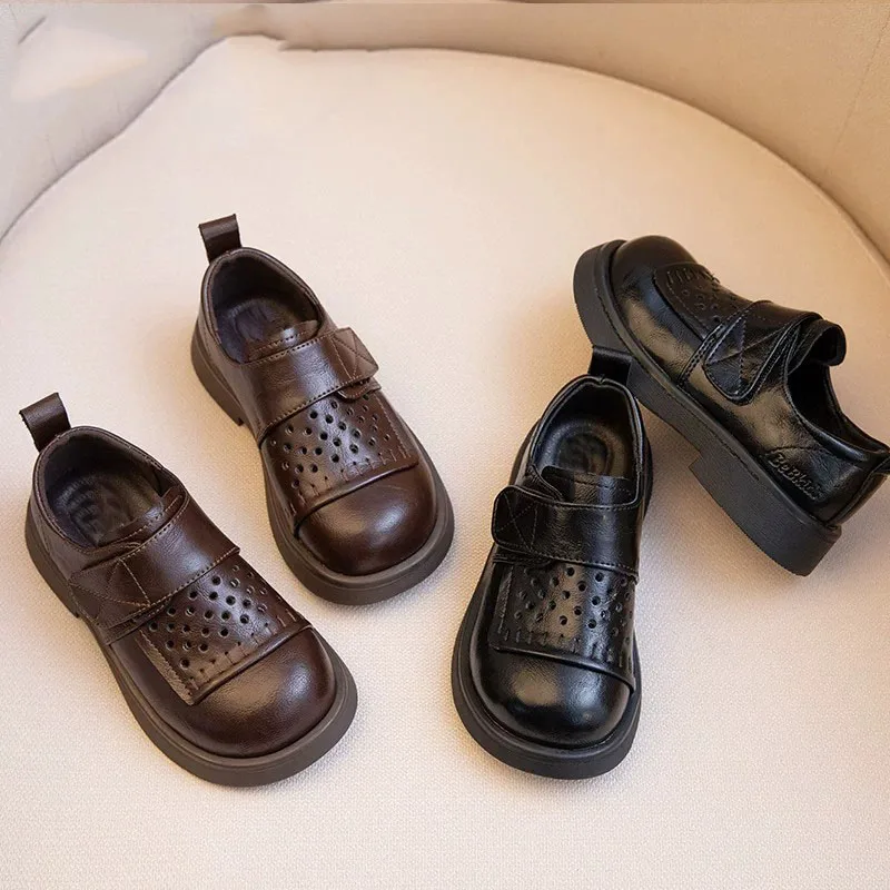 New Kids Casual Leather Shoes Breathable Hollow-out Boys Girls School Dress Shoes Retro Black Brown Children Uniform Flat Shoes
