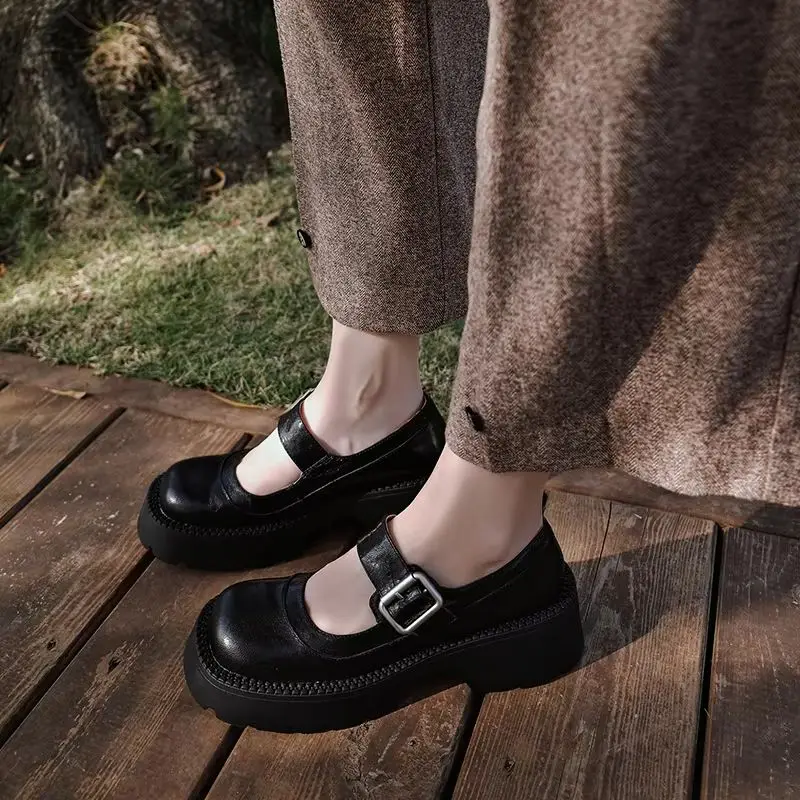 

Women Platform Mary Jane Girls Mary Jane Round Toe Genuine Leather Soft Shoes Spring Simple Shoes Woman Sheepskin Women Flats