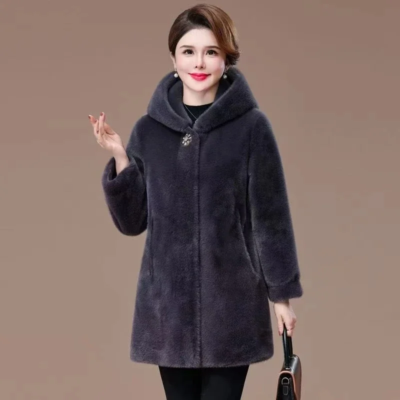 

Женская зимняя шуба, новая длинная утолщенная теплая верхняя одежда из искусственного меха для мам среднего возраста, элитная женская куртка с воротником из лисьего меха