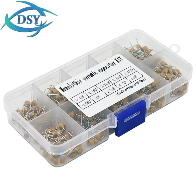 500 ชิ้น 0.1uF-10uF 224 474 105 225 475 50V 10 ค่าแต่ละ 50 ตัวเก็บประจุเซรามิกหลายชั้นชุดสารพันชุด Assortment ฟรีกล่อง