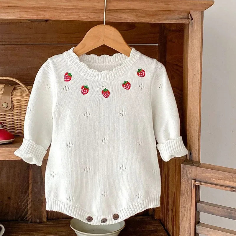 2024 New Autumn Infant Baby Girls Knitted Jumpsuit Long Sleeved Embroidery Newborn Baby Girls Bodysuits Children Knitted Clothes