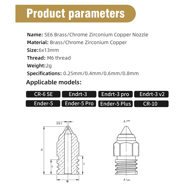 10pcs For CR-6 SE Sprite Extruder Ender 3 ender3 pro MAX V2 Ender 5 CR-10 3D Printer For CR6-SE Plated Copper Nozzle