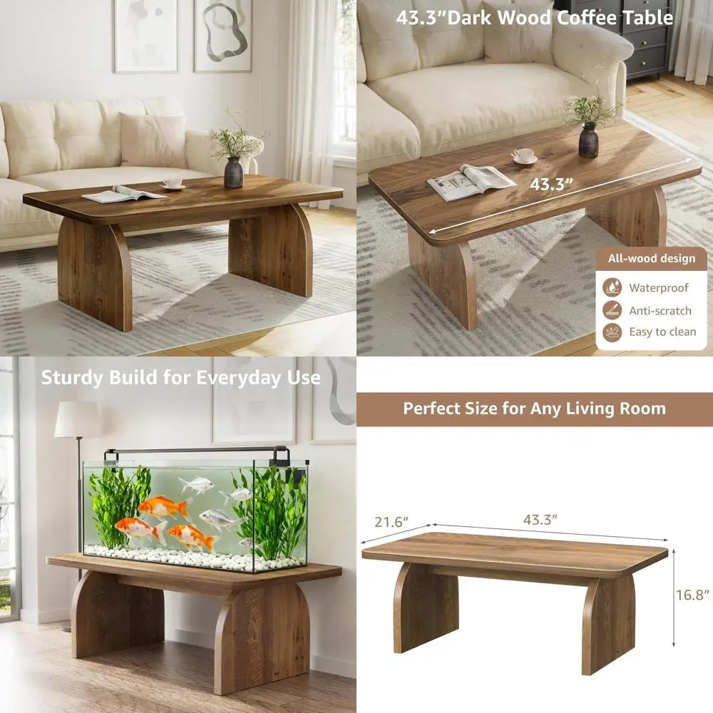 

Farmhouse-Style Oak Rectangle Coffee Table, Solid Wooden Brown Centerpiece with Organic Modern Aesthetic