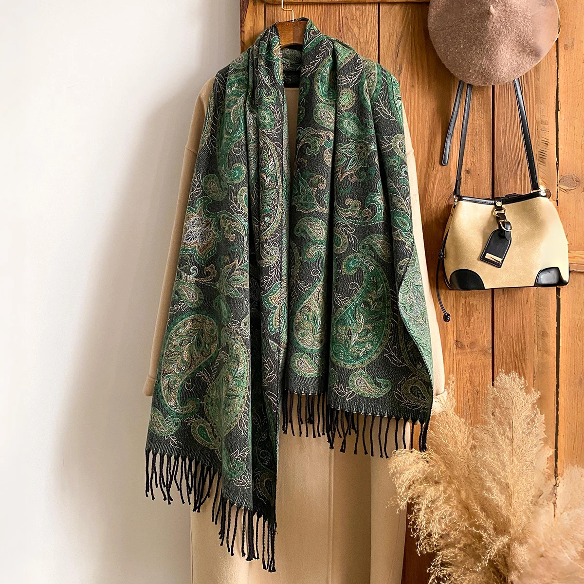 

Брендовый модный зимний теплый кашемировый шарф-женский винтажный цветочный картина с кисточками и принтом маслом, толстая шаль из пашмины и пончо