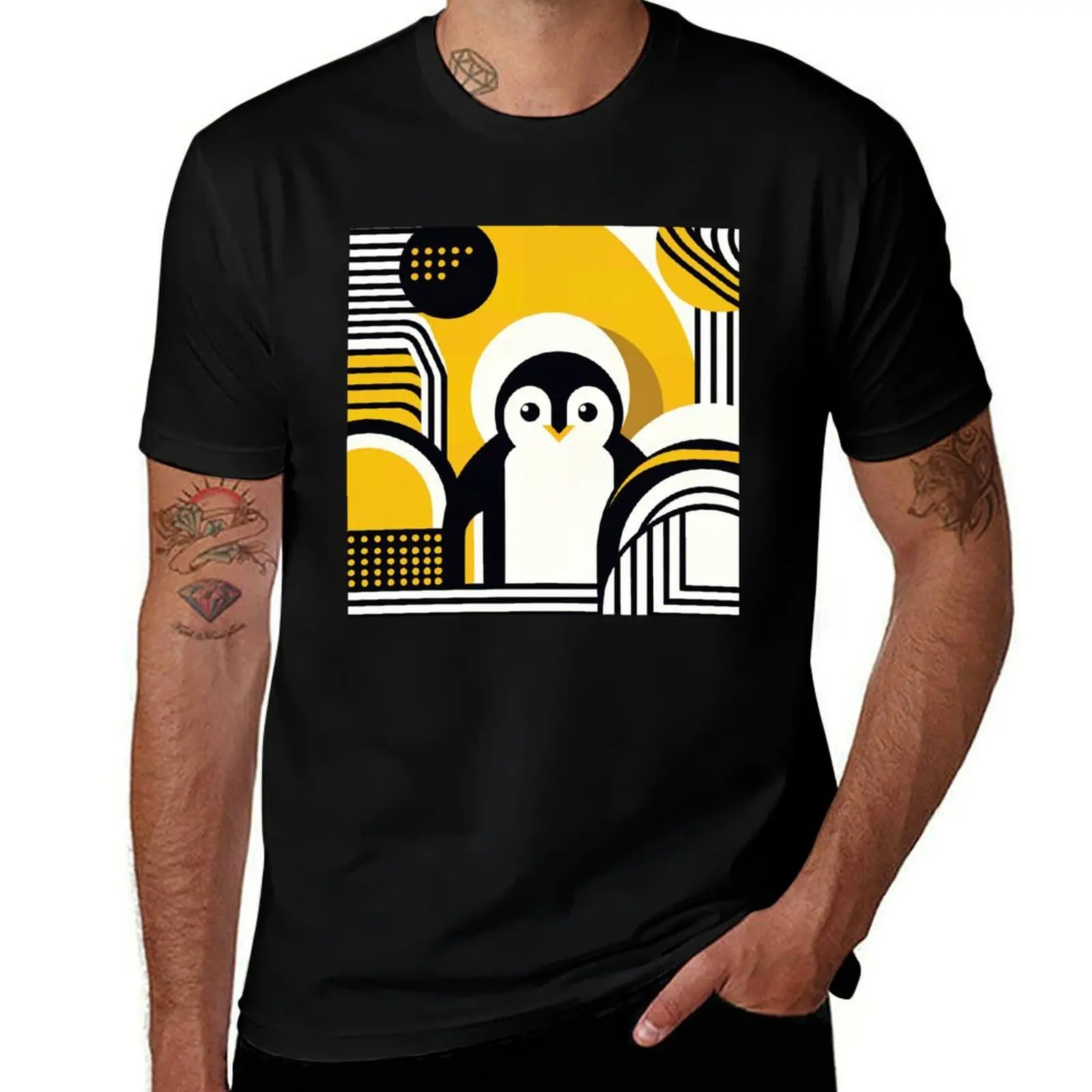 

Yellow Black Retro Penguin In Geometry World Pattern T-Shirt man tshirt man graphic t shirt T-Shirt