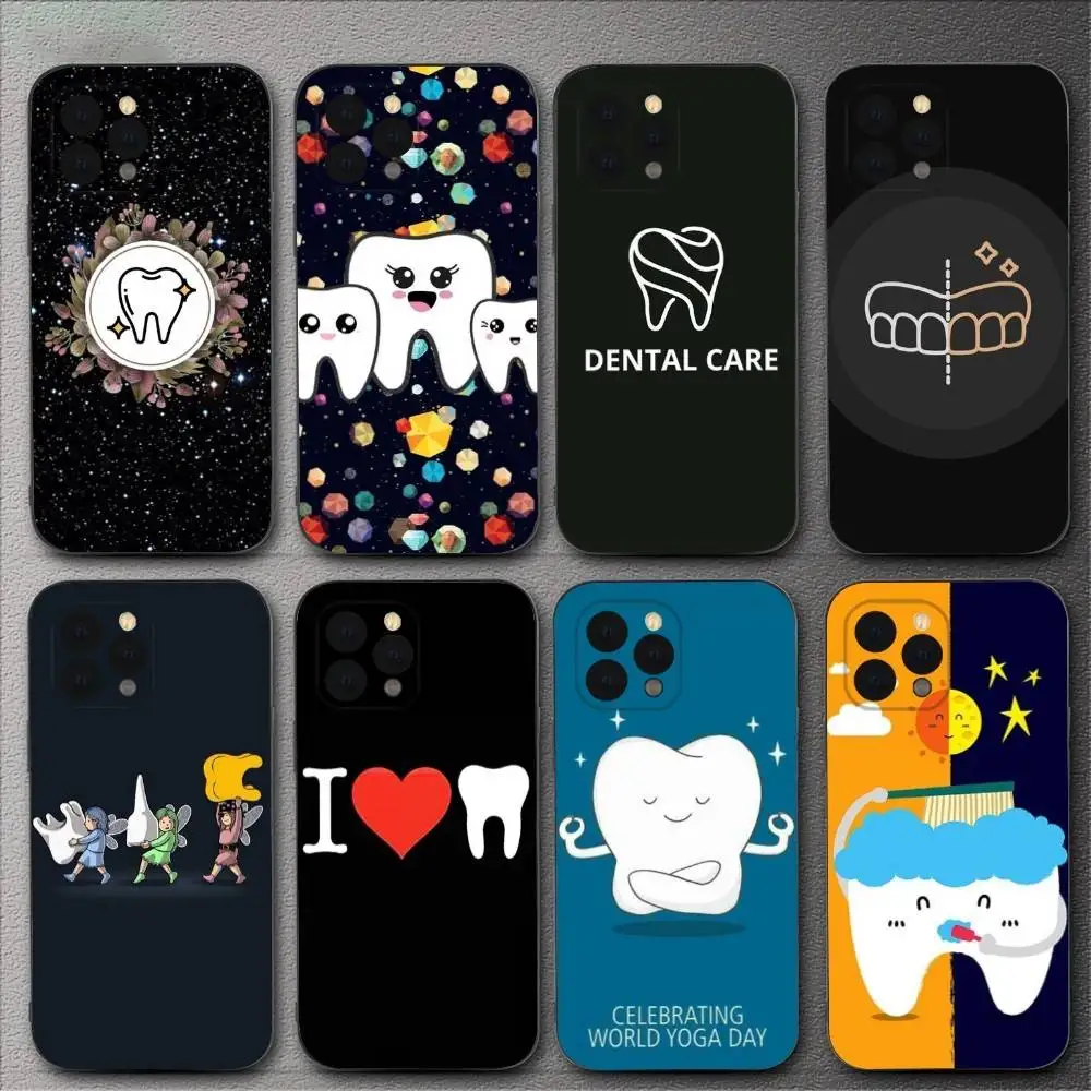 

Dentist Tooth Pattern Phone Case For iPhone 16,15,14,13,12,11,XS,XR,X,8,7,Pro,Max,Plus,mini Silicone Black Cover
