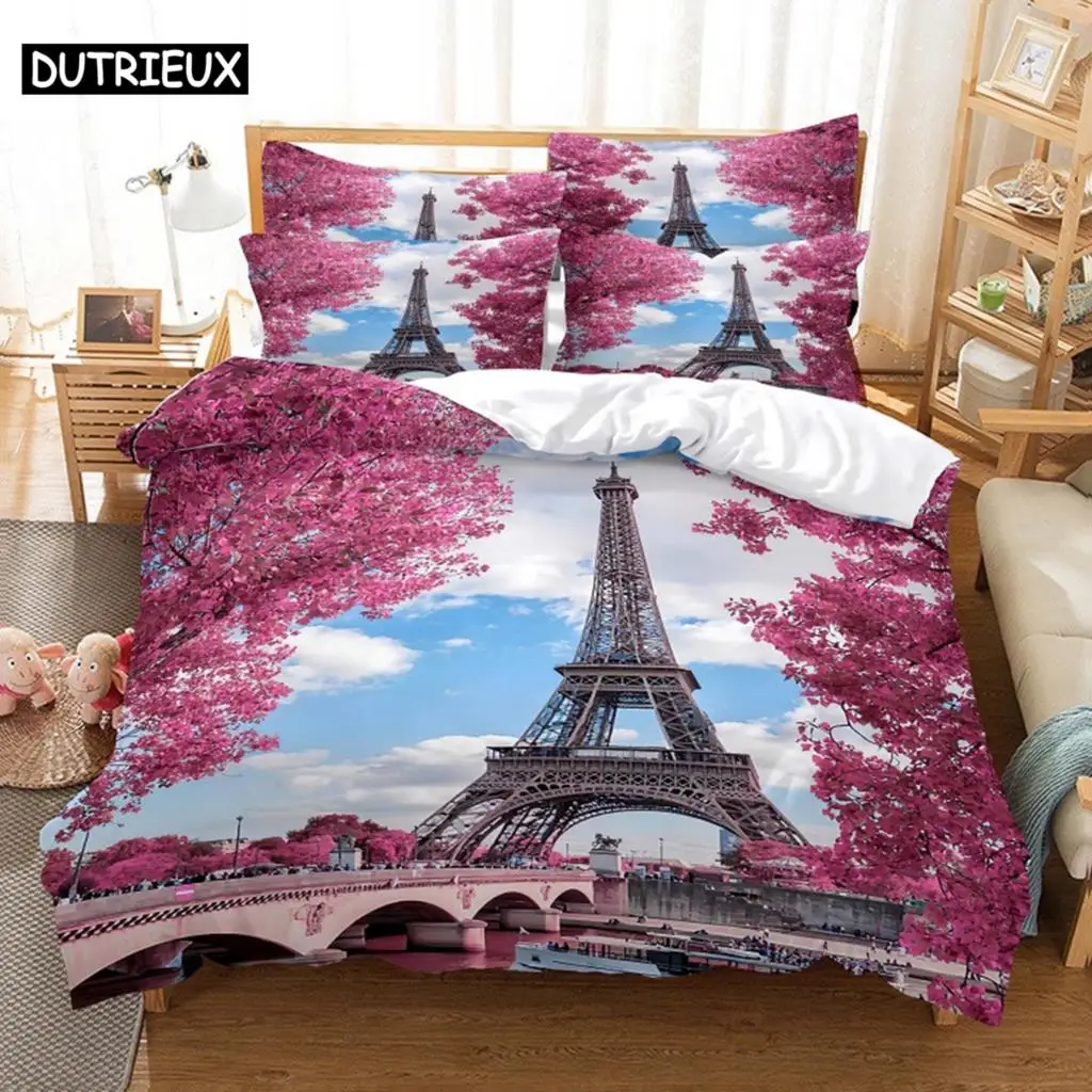 

3D Digital - Printed Eiffel Tower - Themed Queen - Sized Duvet Cover Set with Fashionable Design
