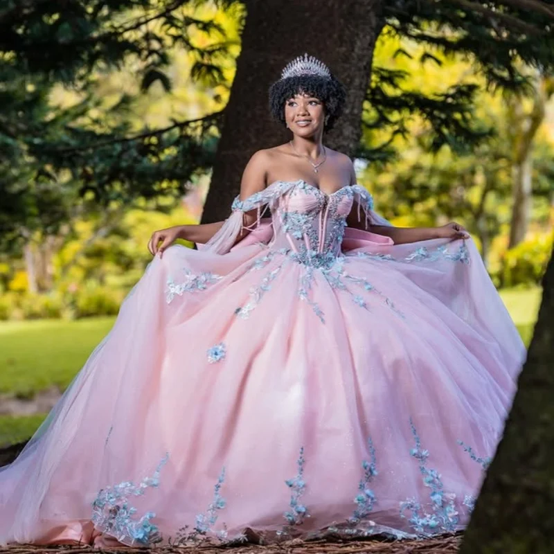 Personalizado rosa quinceanera vestidos fora do ombro lantejoulas borboleta apliques camadas arco cauda longa vestido 15 quinceanera