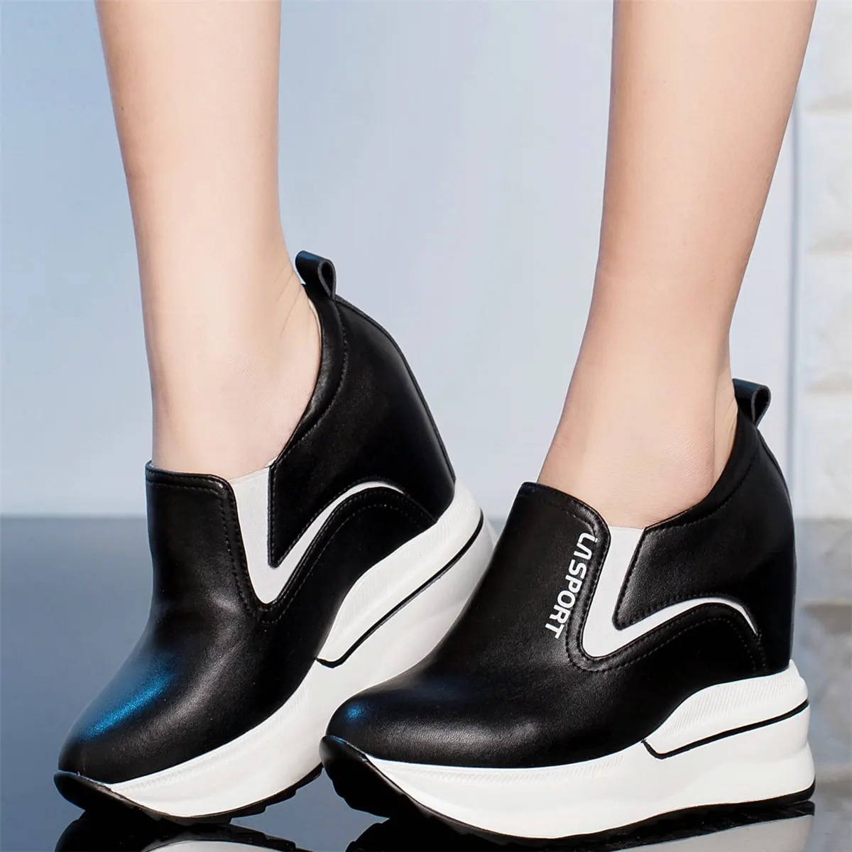 

12cm Super High Heels Shoes Women Slip On Genuine Leather Wedges Platform Pumps Female Round Toe Fashion Sneakers Casual Shoes