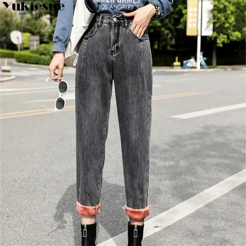 

Корейский стиль 2022, модные эластичные джинсы для отдыха, шикарные утепленные джинсовые брюки в стиле Харадзюку с высокой талией, джинсы для женщин, уличная одежда